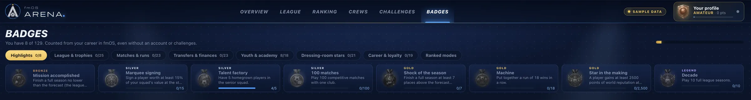 Badges in Arena: highlights with progress