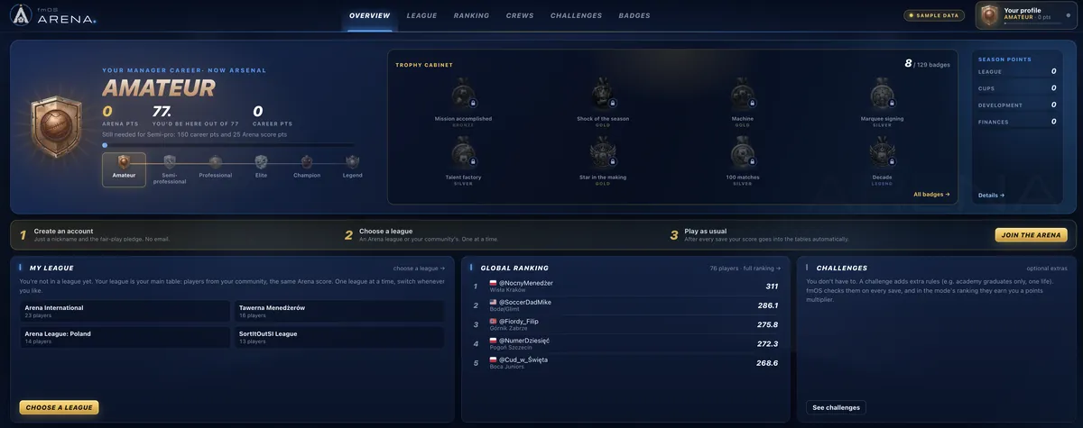 Arena overview in fmOS: rank, badge cabinet, league, global ranking and challenges