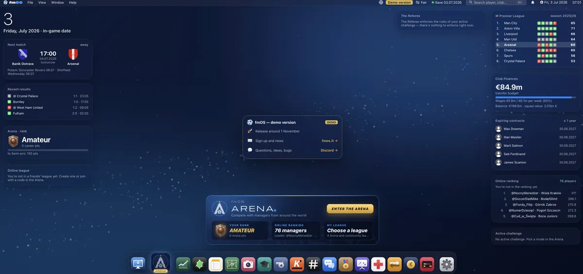 fmOS desktop with Arena: rank, online ranking and league always at hand